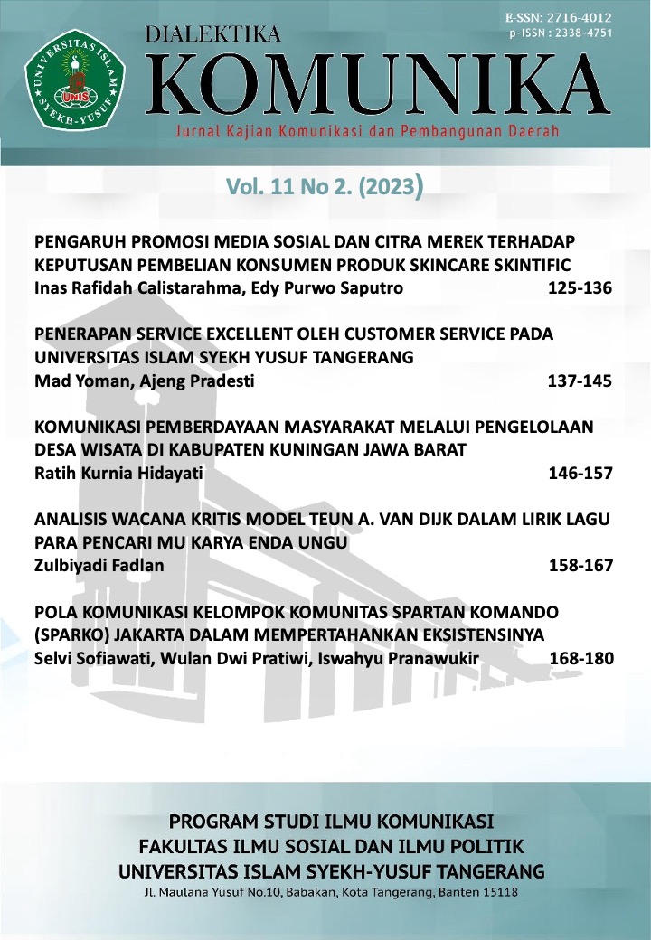 					View Vol. 11 No. 2 (2023): DIALEKTIKA KOMUNIKA: Jurnal Kajian Komunikasi dan Pembangunan Daerah 
				